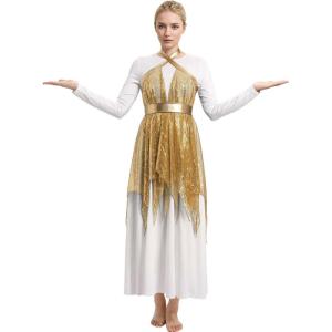 imageIDOPIP Women White Praise Dance Dress with Sequin Praise Dance Overlay Tunics Liturgical Lyrical Dancewear Worship CostumeGold
