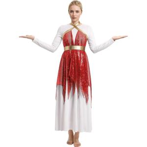 imageIDOPIP Women White Praise Dance Dress with Sequin Praise Dance Overlay Tunics Liturgical Lyrical Dancewear Worship CostumeRed