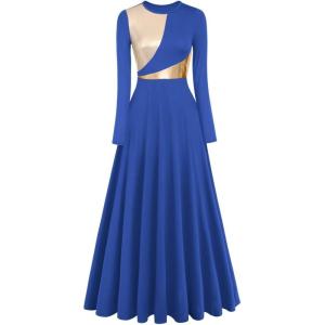 imageIDOPIP Women Metallic Color Block Praise Full Length Long Sleeve Dance Dress Liturgical Lyrical Dancewear Worship Robe DressBlue  Gold