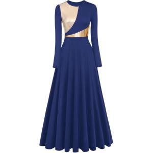 imageIDOPIP Women Metallic Color Block Praise Full Length Long Sleeve Dance Dress Liturgical Lyrical Dancewear Worship Robe DressNavy Blue  Gold