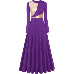 imageIDOPIP Women Metallic Color Block Praise Full Length Long Sleeve Dance Dress Liturgical Lyrical Dancewear Worship Robe DressPurple  Gold