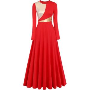 imageIDOPIP Women Metallic Color Block Praise Full Length Long Sleeve Dance Dress Liturgical Lyrical Dancewear Worship Robe DressRed  Gold