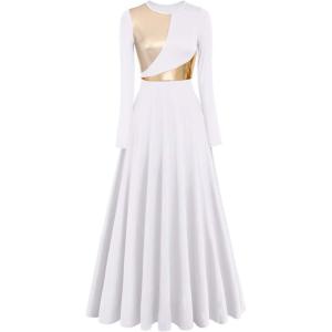 imageIDOPIP Women Metallic Color Block Praise Full Length Long Sleeve Dance Dress Liturgical Lyrical Dancewear Worship Robe DressWhite  Gold