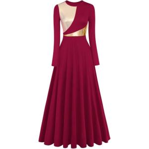 imageIDOPIP Women Metallic Color Block Praise Full Length Long Sleeve Dance Dress Liturgical Lyrical Dancewear Worship Robe DressWine Red  Gold