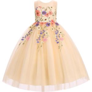 image:imageIDOPIP Embroidery Flower Girl Lace Dress for Kid Wedding Pageant Formal Communion Gown Princess Bridesmaid Maxi Tulle DressesApricot