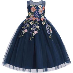 image:imageIDOPIP Embroidery Flower Girl Lace Dress for Kid Wedding Pageant Formal Communion Gown Princess Bridesmaid Maxi Tulle DressesNavy Blue