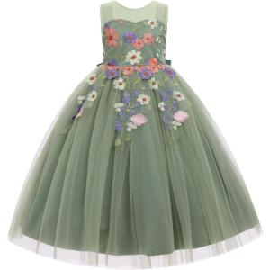 image:imageIDOPIP Embroidery Flower Girl Lace Dress for Kid Wedding Pageant Formal Communion Gown Princess Bridesmaid Maxi Tulle DressesSage Green