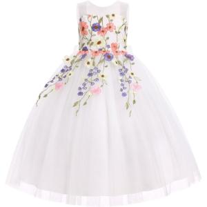 image:imageIDOPIP Embroidery Flower Girl Lace Dress for Kid Wedding Pageant Formal Communion Gown Princess Bridesmaid Maxi Tulle DressesWhite
