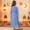 image:imageIDOPIP Muslim Dress for Girls Islamic Prayer Abaya Embroidery Long Sleeve Kaftan Robe Dresses with Belt Ramadan Dubai OutfitsBlue