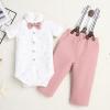 image:imageIDOPIP Toddler Kids Baby Boys Formal Suit Gentleman White Shirt with Bowtie  Suspender Shorts Pants Overalls Clothes 6M5TPink