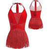 image:imageIDOPIP Women Sequin Fringe Bodysuit Sparkly Tassel Romper Jumpsuits Halter Latin Dance Dress Sexy Festival Rave Party OutfitsRed