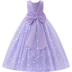image:imageIDOPIP Butterfly Flower Girl VBackless Bow Dress for Kids Wedding Pageant Party Long Gown Communion Birthday Tulle DressesPurple