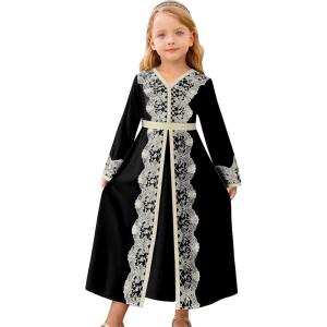 image:imageIDOPIP Muslim Dress for Girls Islamic Prayer Abaya Embroidery Long Sleeve Kaftan Robe Dresses with Belt Ramadan Dubai OutfitsBlack