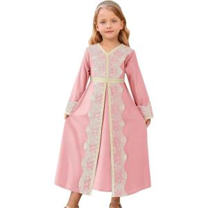 image:imageIDOPIP Muslim Dress for Girls Islamic Prayer Abaya Embroidery Long Sleeve Kaftan Robe Dresses with Belt Ramadan Dubai OutfitsPink