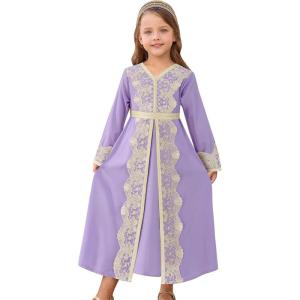 image:imageIDOPIP Muslim Dress for Girls Islamic Prayer Abaya Embroidery Long Sleeve Kaftan Robe Dresses with Belt Ramadan Dubai OutfitsPurple
