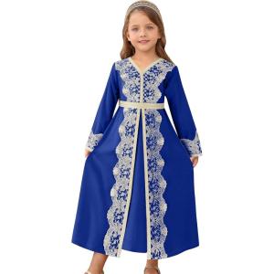 image:imageIDOPIP Muslim Dress for Girls Islamic Prayer Abaya Embroidery Long Sleeve Kaftan Robe Dresses with Belt Ramadan Dubai OutfitsRoyal Blue