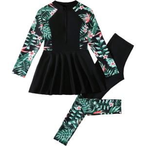 image:imageIDOPIP Muslim Swimsuits for Girls Modest Swimwear Burkini Full Cover Rash Guard Top Pants Set 2PCS Islamic Bathing SuitBlack  Green Leaves