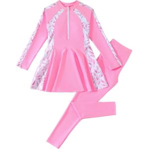 image:imageIDOPIP Muslim Swimsuits for Girls Modest Swimwear Burkini Full Cover Rash Guard Top Pants Set 2PCS Islamic Bathing SuitPink