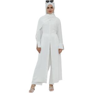 image:imageIDOPIP Muslim Women 2Piece Set Long Sleeve Ramadan Islamic Abaya Dress Shirt with Pants Loose Fit Casual Dubai Prayer OutfitWhite