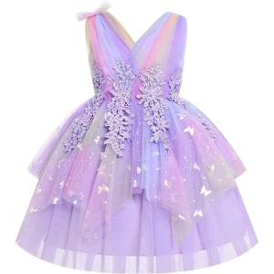 image:imageIDOPIP Toddler Girls Butterfly Birthday Dress Ruffle Tulle Flower Girl Wedding Pageant Formal Party Dress for Photo Shoot 16Rainbow Purple