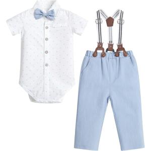 image:imageIDOPIP Toddler Kids Baby Boys Formal Suit Gentleman White Shirt with Bowtie  Suspender Shorts Pants Overalls Clothes 6M5TBlue