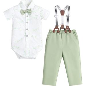 image:imageIDOPIP Toddler Kids Baby Boys Formal Suit Gentleman White Shirt with Bowtie  Suspender Shorts Pants Overalls Clothes 6M5TGreen