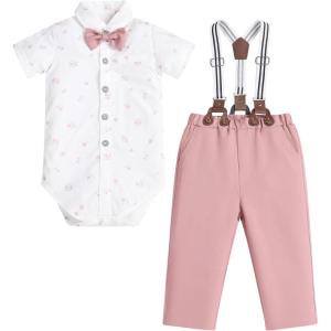 image:imageIDOPIP Toddler Kids Baby Boys Formal Suit Gentleman White Shirt with Bowtie  Suspender Shorts Pants Overalls Clothes 6M5TPink
