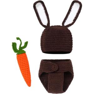 image:imageIDOPIP Newborn Baby Easter Bunny Photography Props Costume Boy Girl Crochet Knit Rabbit Hat Diaper Carrot 1st Birthday OutfitCoffee Rabbit  Carrot 3pcs