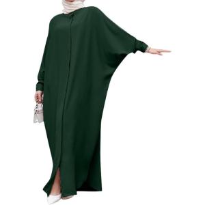image:imageIDOPIP Muslim Dresses for Women Long Sleeve Islamic Ramadan Abaya Dubai Kaftan Robe Loose Casual Modest Arabic Prayer ClothesDark Green