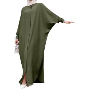 image:imageIDOPIP Muslim Dresses for Women Long Sleeve Islamic Ramadan Abaya Dubai Kaftan Robe Loose Casual Modest Arabic Prayer ClothesGreen