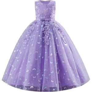 image:imageIDOPIP Sequin Flower Girl Lace Dress for Kids Wedding Pageant Party Formal Long Gown Princess First Communion Tulle DressesPurple Sequin Butterfly Lace