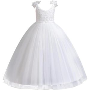 image:imageIDOPIP Flower Girl Lace Dress for Kids Wedding Bridesmaid Pageant Party Formal Long Gown Princess 1st Communion Tulle DressesWhite  Lace
