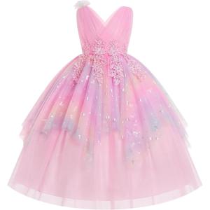 image:imageIDOPIP Flower Girl Sequin Butterfly Dress for Kids Wedding Pageant Party Long Gown Princess Birthday Handkerchief Tulle DressPink Pastel