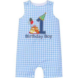 image:imageIDOPIP Baby Boy 1st Birthday Outfit Embroidery Plaid Striped Romper Sleeveless Jumpsuit Summer Overalls Cake Smash PhotoshootBlue Plaid Cake