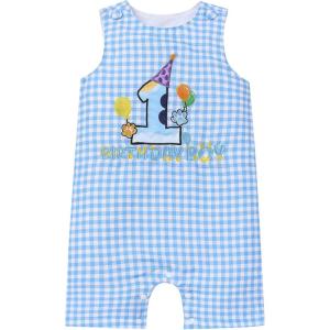 image:imageIDOPIP Baby Boy 1st Birthday Outfit Embroidery Plaid Striped Romper Sleeveless Jumpsuit Summer Overalls Cake Smash PhotoshootBlue Plaid Dog