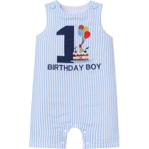 image:imageIDOPIP Baby Boy 1st Birthday Outfit Embroidery Plaid Striped Romper Sleeveless Jumpsuit Summer Overalls Cake Smash PhotoshootBlue Striped Cake