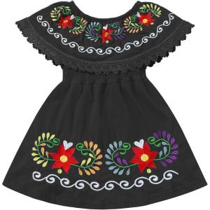 image:imageIDOPIP Toddler Baby Girls Mexican Dress Embroidered Floral Off Shoulder Dresses Summer Ruffle Kids Birthday Party DressesBlack  Off Shoulder
