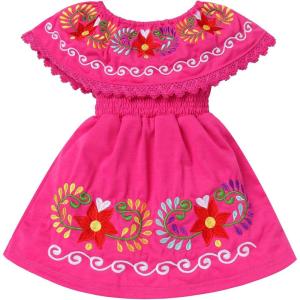 image:imageIDOPIP Toddler Baby Girls Mexican Dress Embroidered Floral Off Shoulder Dresses Summer Ruffle Kids Birthday Party DressesHot Pink  Off Shoulder