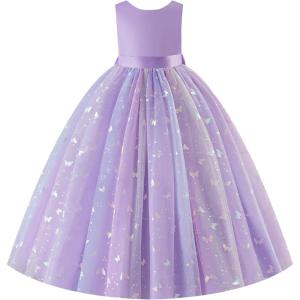 image:imageIDOPIP Butterfly Flower Girl VBackless Bow Dress for Kids Wedding Pageant Party Long Gown Communion Birthday Tulle DressesPurple  Gradient