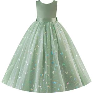 image:imageIDOPIP Butterfly Flower Girl VBackless Bow Dress for Kids Wedding Pageant Party Long Gown Communion Birthday Tulle DressesSage Green