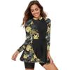 image:imageIDOPIP Womens Floral Print One Piece Swimsuit Swim Dress with Shorts Long Sleeve Surfing Rash Guard Two Piece Bathing SuitYellow