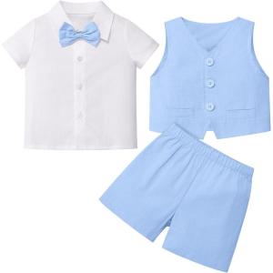 image:imageIDOPIP Toddler Baby Boys Formal Suit Set with Dress Shirt  Bowtie  Vest  Pants 4Piece Gentleman Wedding Tuxedo OutfitsBlue