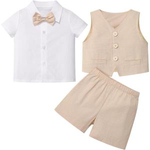 image:imageIDOPIP Toddler Baby Boys Formal Suit Set with Dress Shirt  Bowtie  Vest  Pants 4Piece Gentleman Wedding Tuxedo OutfitsKhaki