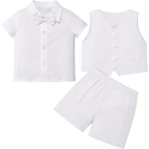 image:imageIDOPIP Toddler Baby Boys Formal Suit Set with Dress Shirt  Bowtie  Vest  Pants 4Piece Gentleman Wedding Tuxedo OutfitsWhite
