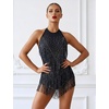image:imageIDOPIP Women Latin Dance Fringe Dress Halter Sequin Bodysuit Outfit Tassel Dance Costume Salsa Ballroom Performance ClubwearBlack