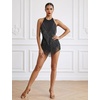 image:imageIDOPIP Women Latin Dance Fringe Dress Halter Sequin Bodysuit Outfit Tassel Dance Costume Salsa Ballroom Performance ClubwearBlack