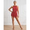 image:imageIDOPIP Women Latin Dance Fringe Dress Halter Sequin Bodysuit Outfit Tassel Dance Costume Salsa Ballroom Performance ClubwearRed