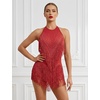 image:imageIDOPIP Women Latin Dance Fringe Dress Halter Sequin Bodysuit Outfit Tassel Dance Costume Salsa Ballroom Performance ClubwearRed