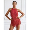image:imageIDOPIP Women Latin Dance Fringe Dress Halter Sequin Bodysuit Outfit Tassel Dance Costume Salsa Ballroom Performance ClubwearRed