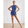 image:imageIDOPIP Women Latin Dance Fringe Dress Halter Sequin Bodysuit Outfit Tassel Dance Costume Salsa Ballroom Performance ClubwearRoyal Blue